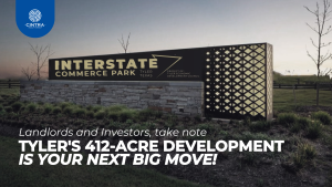 Tyler, Texas highlighting the 412-acre Interstate Commerce Park development, featuring new roads, utilities, and industrial buildings signaling major investment opportunities in 2025.